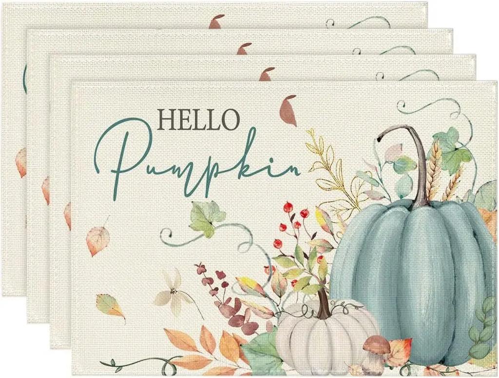 Fall Thanksgiving Table Mats Set of 4 Fall Pumpkin Maple Leaves Buffalo Plaid Placemats Seasonal Holiday Thanksgiving Placemats