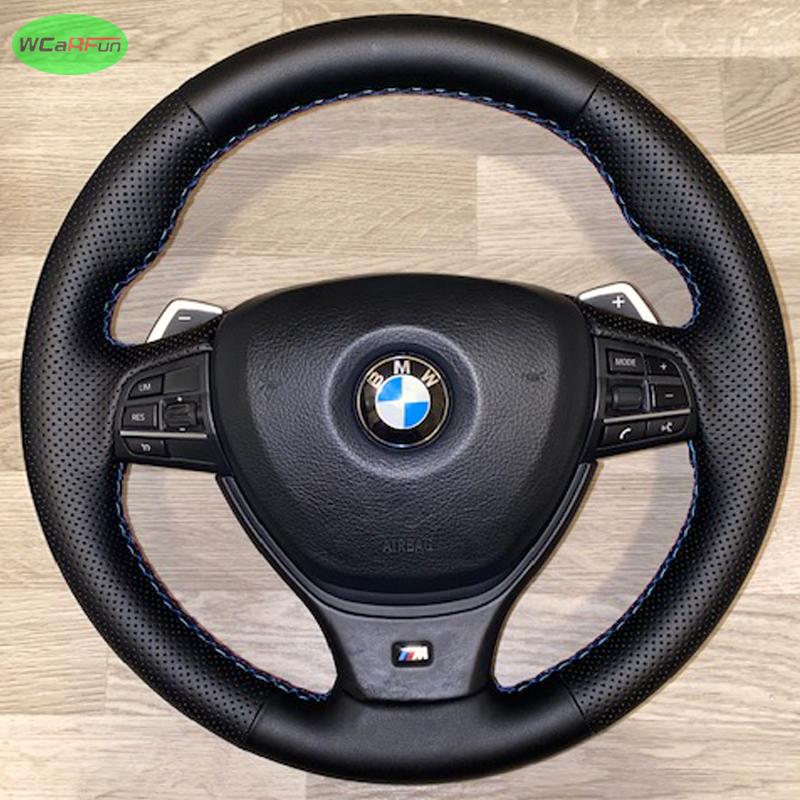Leather Braid Steering Wheel Cover For BMW 5 6 7 Series F10 F07 F06 F12 F13 F01 F02 red blue line Perforated Microfiber Leather
