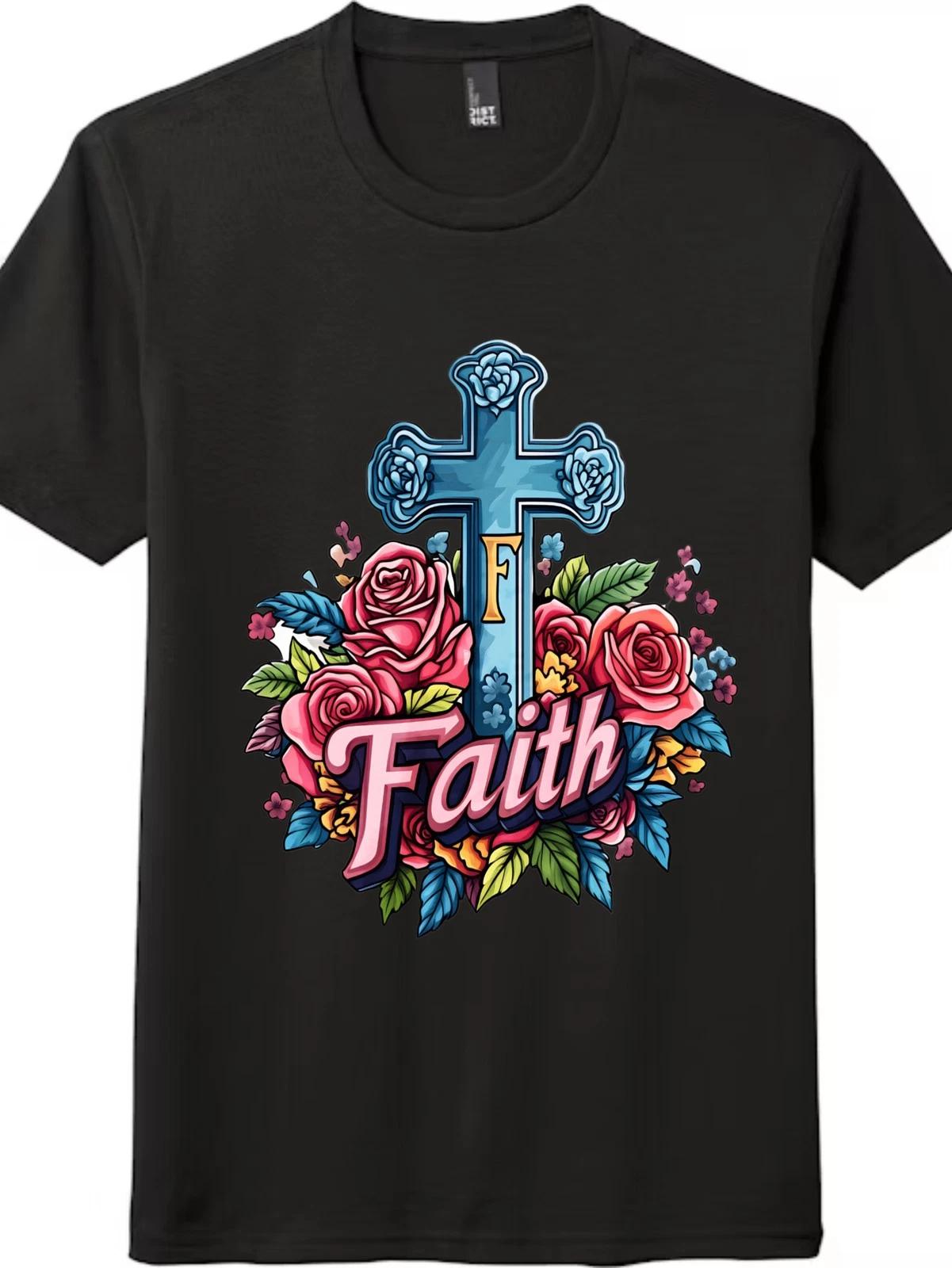 Unisex Vintage Faith Floral Cross T-Shirt-Christian Rose Graphic Religious Tee 4XL