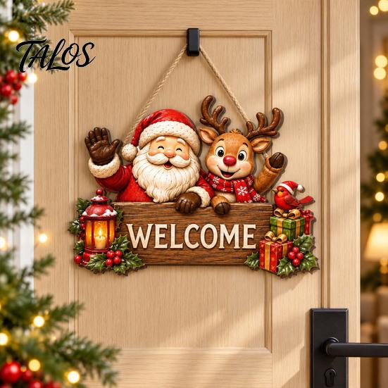 Holiday Hanging Signs Wooden Christmas Door Wreath for Front Door, Vintage Merry Welcome Sign, Rustic Farmhouse Decor 2D Flat Hanger Indoor