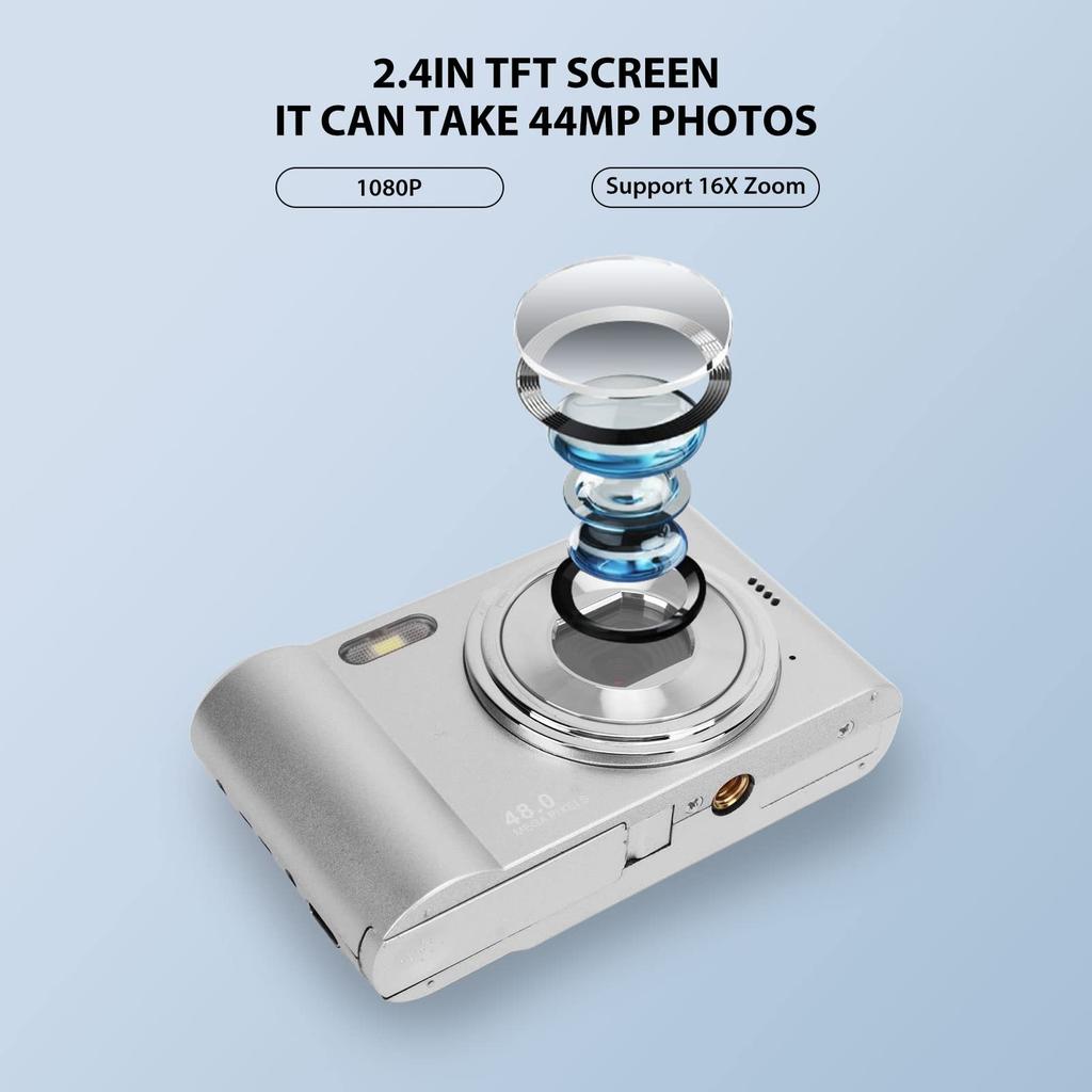 44MP 2.4-inch IPS 4K Digital Camera with 16X Digital Zoom, Anti-Shake Selfie Camera, Portable Compact Camera with Built-in Fill Light for Students,