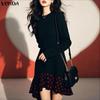 VONDA Women O Neck Long Sleeve Patchwork Polka Dots Ruffled Hem Casual Tunic Mini Dress