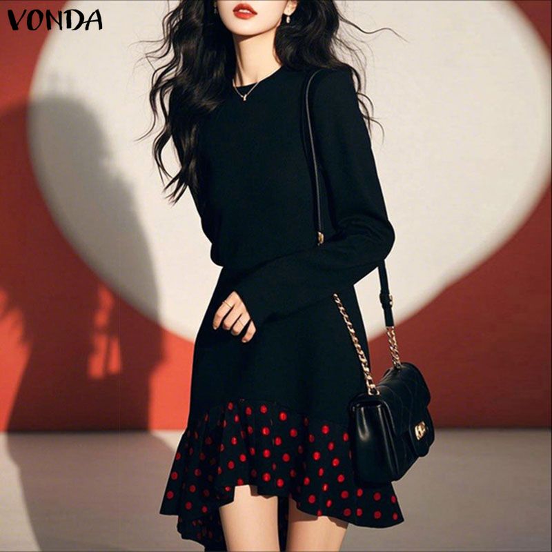 VONDA Women O Neck Long Sleeve Patchwork Polka Dots Ruffled Hem Casual Tunic Mini Dress