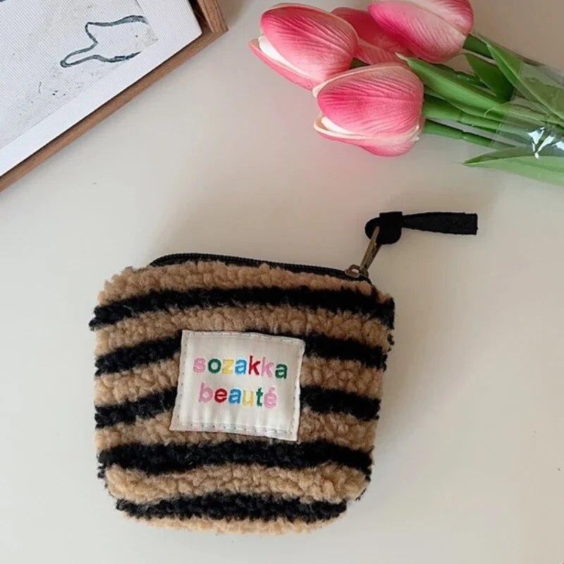 Stripes Plush Coin Purse Kawaii Cute Key Money Card Case Bags Small Coin Bags for Women Boys Girls Gift Mini Handbag