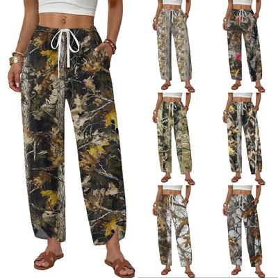 Women Casual Loose Fit Wide Leg Pants Button Detail Printed Pattern Elastic Waist Drawstring Trousers