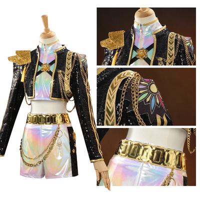Anime KPop Rumi Cosplay Black Gold Reflective Performance Costume Cosplay Purple Wig Woman Christmas Halloween Party Uniform