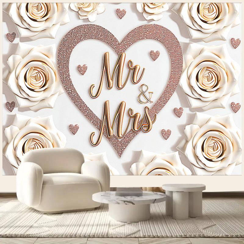1pc Mr & Mrs Wedding Backdrop with Heart&White Roses,Party Banner for Weddings,Romantic Photo Background Decor,Wall Decor,Reusable Supplies