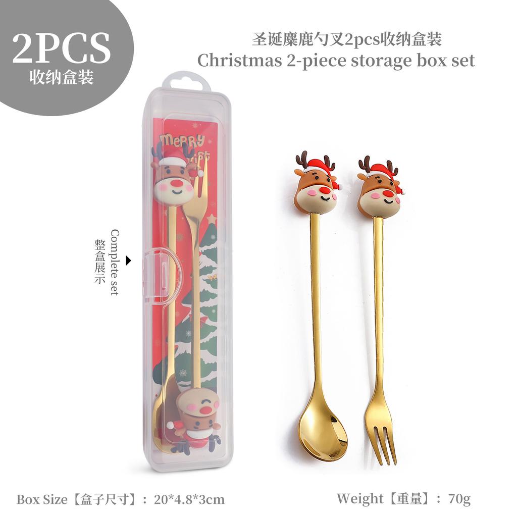 Christmas Fork Spoon Set, Dessert Coffee Spoon Fruit Fork Christmas Doll Tableware Gift Box