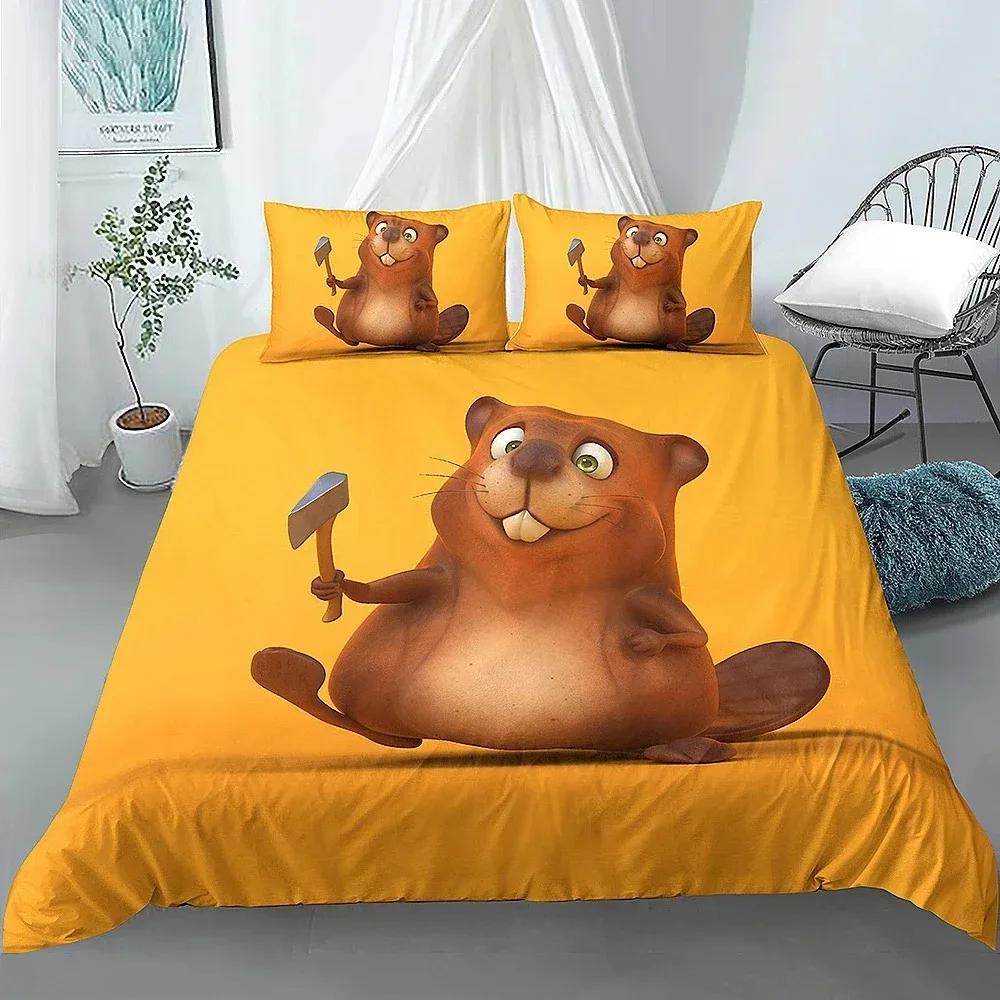 Cartoon Beaver Povlak na přikrývku King Queen Legrační krásné zvířecí souprava povlečení Dětská Dívčí Divoká příroda Polyester Povlak na polštář