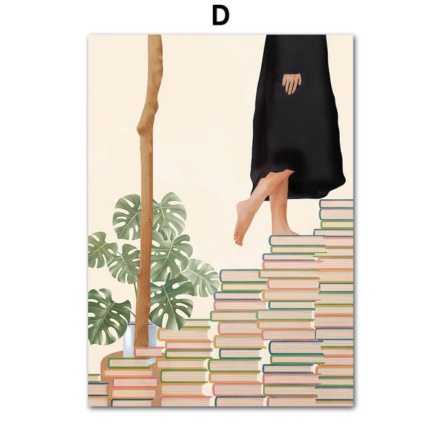 Books Illustration Tropical Monstera Girl Cheetah Boho Wall Art Canvas Painting Poster and Prints Pictures for Living Room Decor