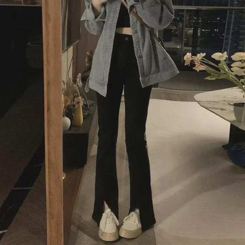 2024 Women's High-Waist Black Slim Fit Slit Flared Jeans