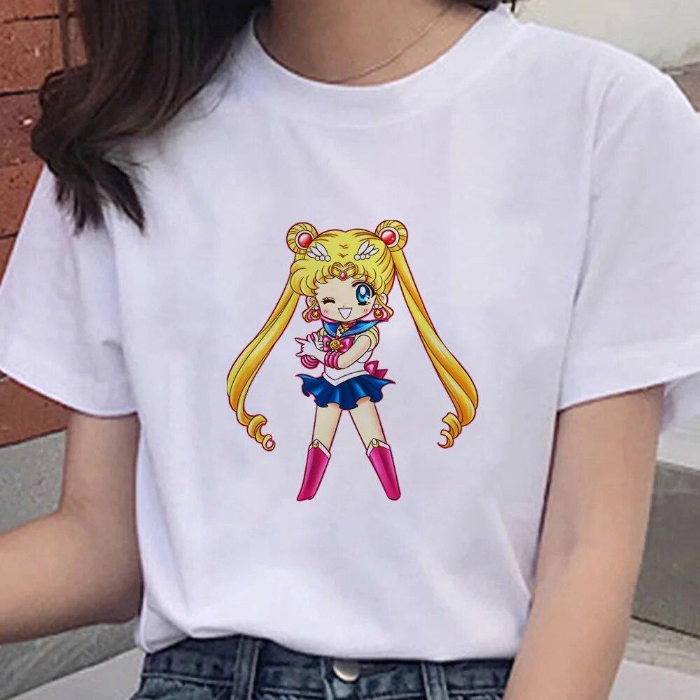 Cartoon Anime Sailor Graphic Moon Print 100 % Baumwolle T-Shirt Mode Goth Girl Kleidung Kurzarm Übergroßes Unisex Frauen T-Shirt Unisex