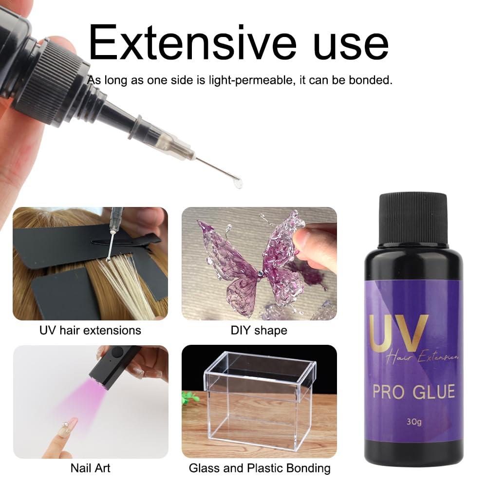 30g UV Hair Extension Pro Glue, Fast‑Drying Invisible Hair Bonding Adhesive, Super Strong Hold Safe for Sensitive Skin UV Lamp Hair Extensions Tool
