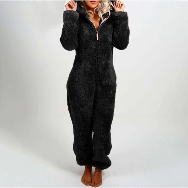2024 Trendy EU & US Fall/Winter Fleece-Lined Thick Hooded Jumpsuit Pajamas for Women