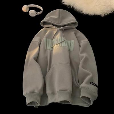 Moletom masculino outono inverno com capuz, estampa de letras, cordão, punho elástico, pelúcia grossa, bolso grande, capuz solto, mantém aquecido, comprimento médio, top