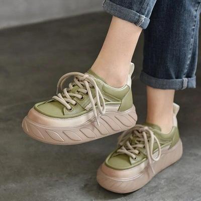 Primavera couro genuíno sapatos femininos de sola grossa dedo do pé redondo rendas casuais sapatos de plataforma plana