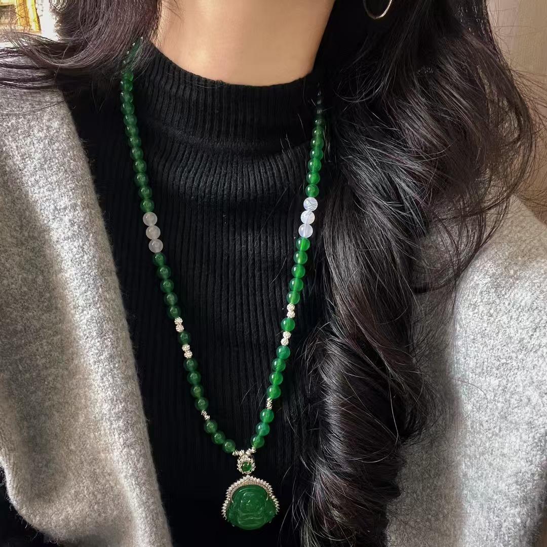 

Retro Chinese-Style Lighting Glass Body Natural Green Chalcedony Buddha Male Agate Chain Necklace Women S Basic Commuter Model