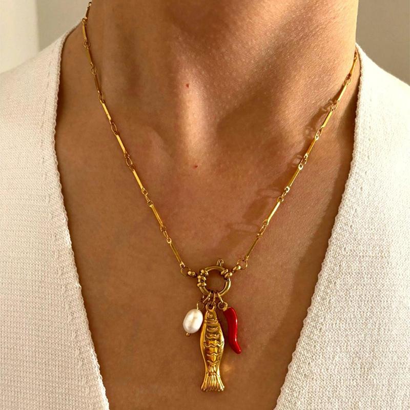 Natural Freshwater Pearls Enamel Chili Fish Stainless Steel Women'S Pendant Necklace Detachable Fashion Jewelry Accessories
