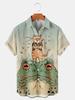 Trendy Samurai Cat & Frog Print Short-Sleeve Shirt, Casual Summer Wear.