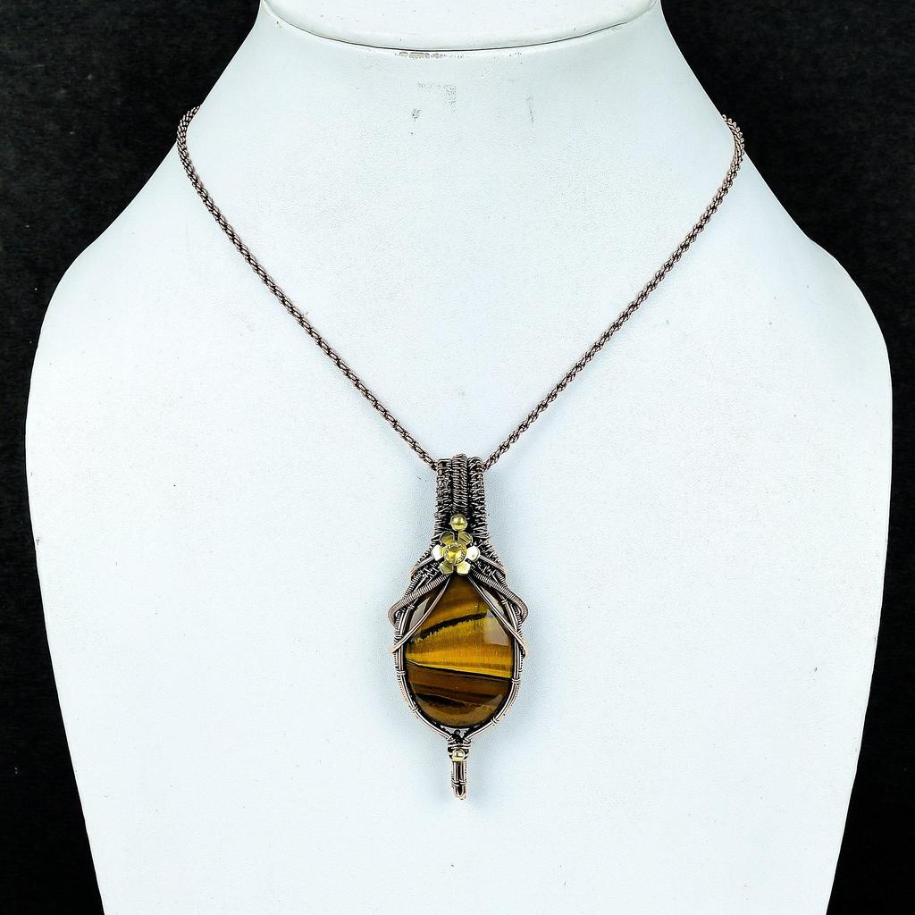 Tiger Eye Pendant, Handmade Gemstone 999 Copper Wire Wrapped Pendant Antique Jewelry, For Gift Silver Jewelry