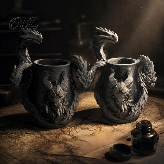 3D Printed Desk Organizer Three-Headed Dragon Pen Holder, Fantasy Organizer, Decorative Flower Vessel Realistic Scale Details Ornament for Pens