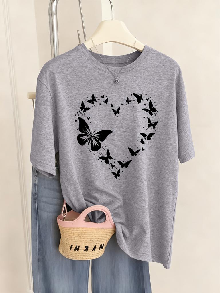 Schmetterling Herz Bedruckte T-Shirts Damen Lässig Weiche T-Shirts Locker Bequem Kurzarm Oberteile Sommer O-Ausschnitt Damen Kleidung