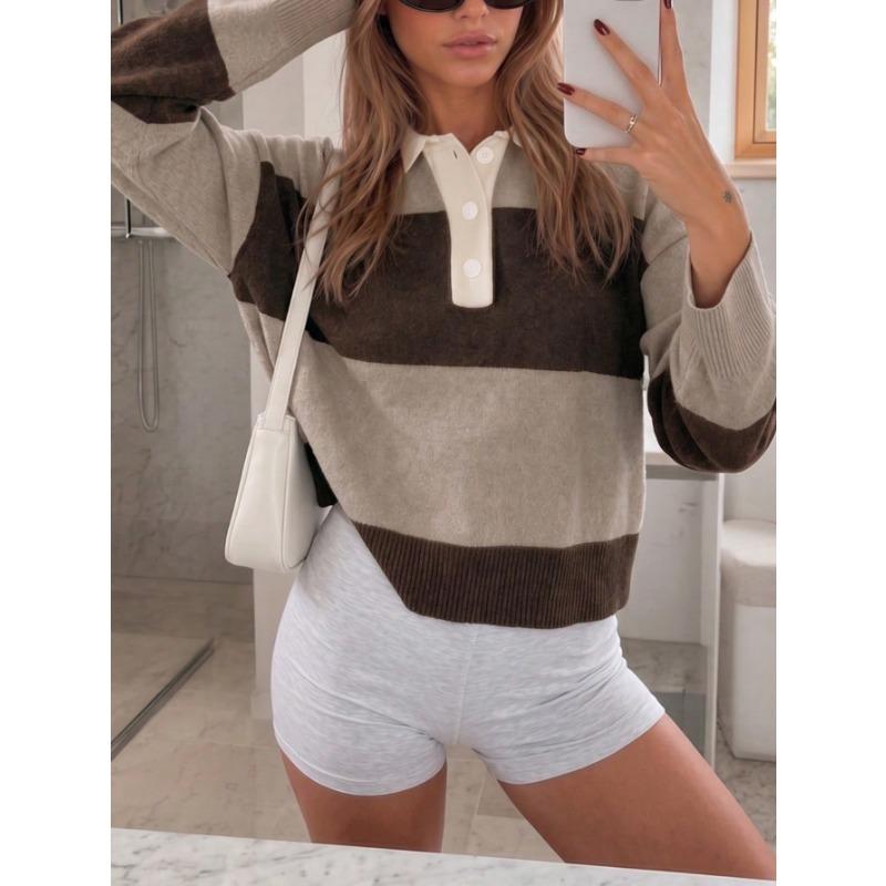 Vintage Color Block Striped Polo Neck Loose Fit Drop Shoulder Long Sleeve Knit Sweater For Women
