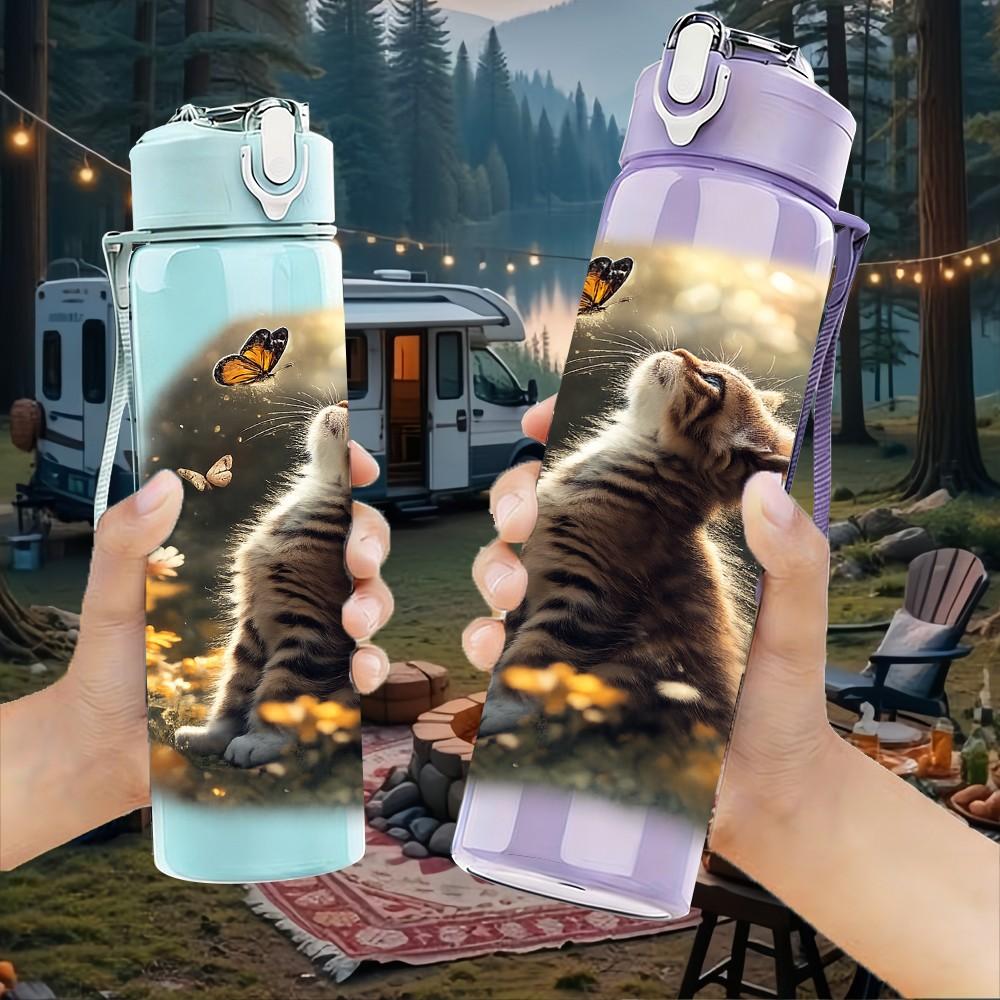 1PC Kitten Night Moon Forest Print 750ml Color Plastic Sports Water Bottle Leakproof Flip Straw Lid Suitable for Sports Office Home Use