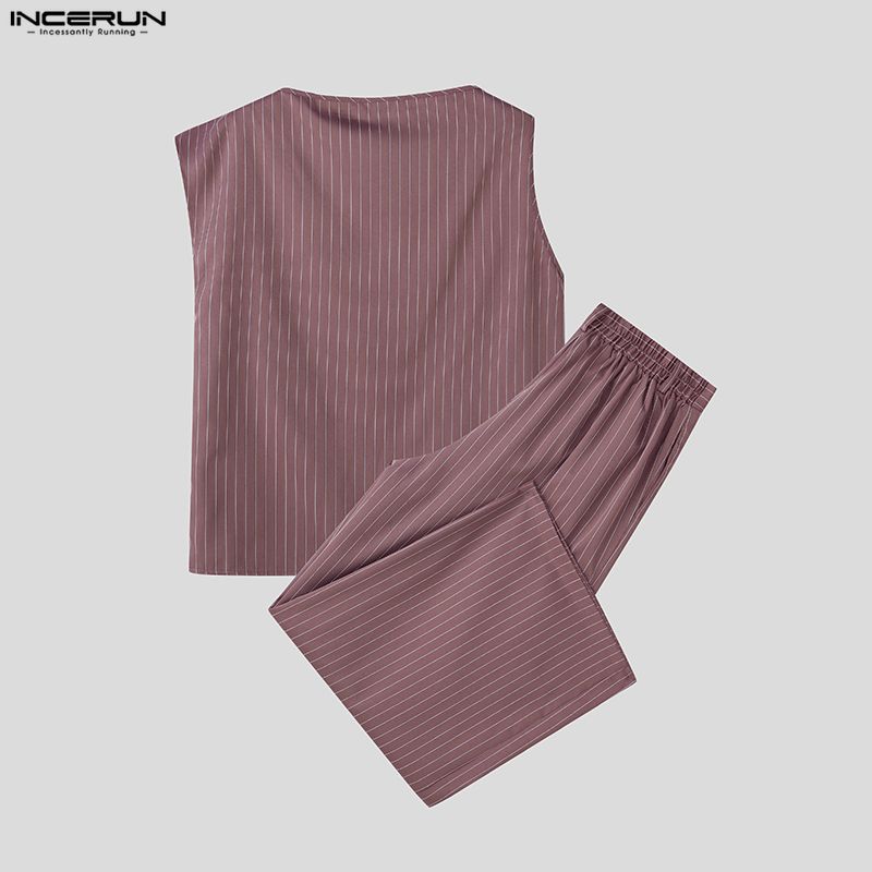 INCERUN Two Pieces Sets Men Casual Sleeveless Striped Tank Tops and Long Pants Trousers Outfits