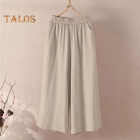 Pantaloni tăiați pentru femei, cu talie elastică, cu talie mijlocie, cu picior largi, cu buzunare, de culoare uni, pantaloni ocazionali, cu tăiere lejeră