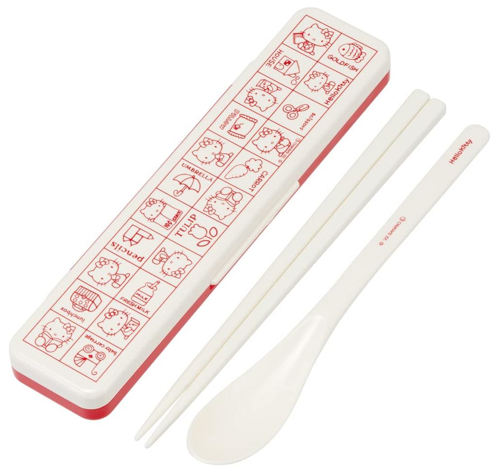 Skater Chopsticks and Spoon Combo Bento Adult Silent Silicone Made in Hello Set, 18cm, Antibacterial, Box, Size, Cushion, Japan, Kitty, Retro, Sanrio,