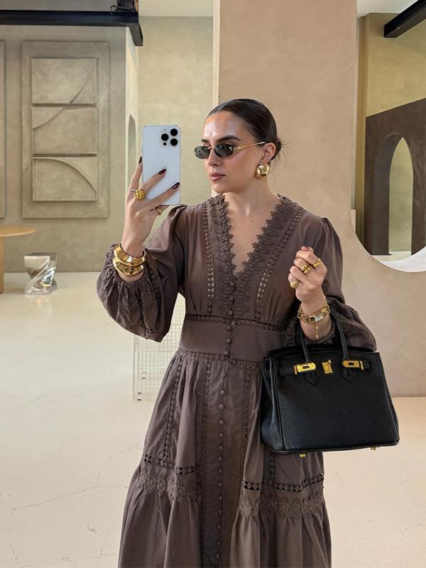 Spot Foreign Trade Summer Collar Lace Long Sleeve Lantern Sleeve Hollow Button Fashion Casual Women's Long Dress
