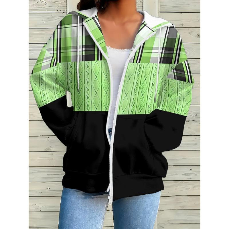 

Женское худи на молнии с цветным блочным принтом в клетку - Синие рукава в клетку с черным корпусом, Дизайн на полной молнии, Машинная стирка XL