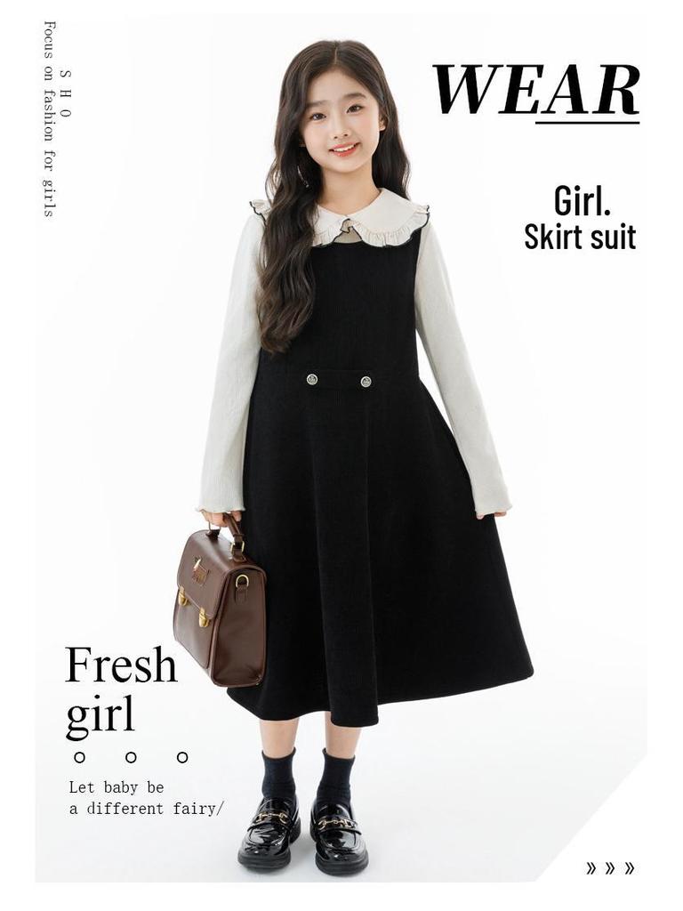Korean Style Girls' Lapel Shirt & Vest Dress Set 2025