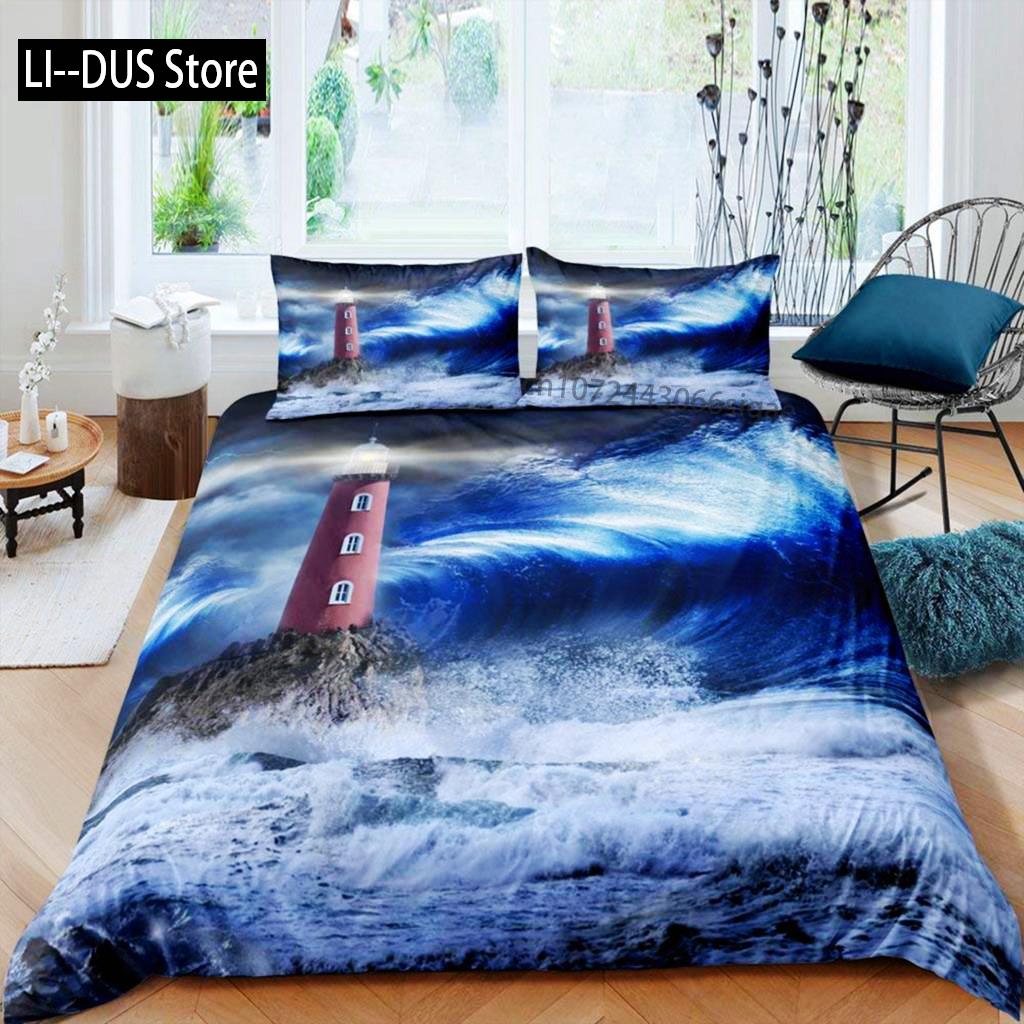Lighthouse Duvet Cover Set Nautical Surfing Ocean Wave Bedding Set Queen Polyester Coastal Nature Theme Quilt Cover For Kids Boy