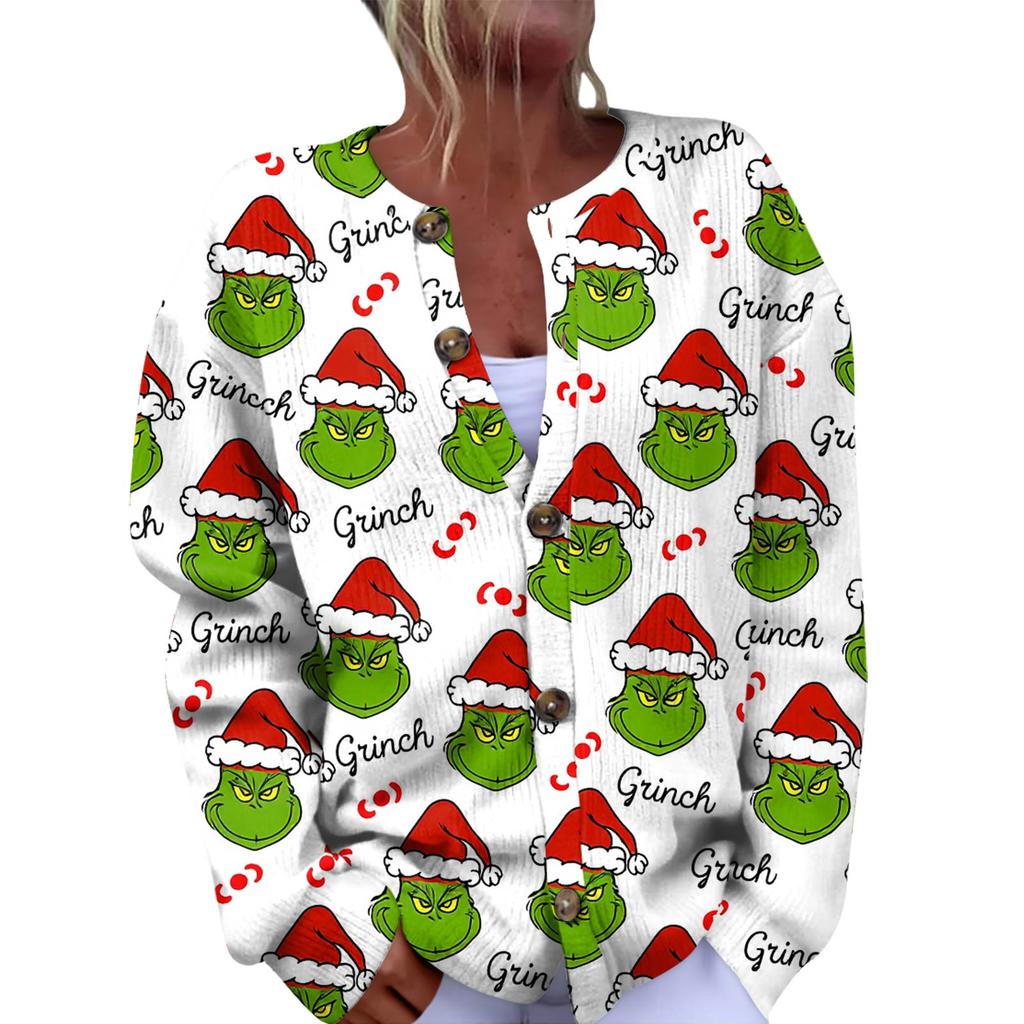 Women's Fashion Christmas Printed Long Sleeve Knitted Cardigan Button Down Jacket