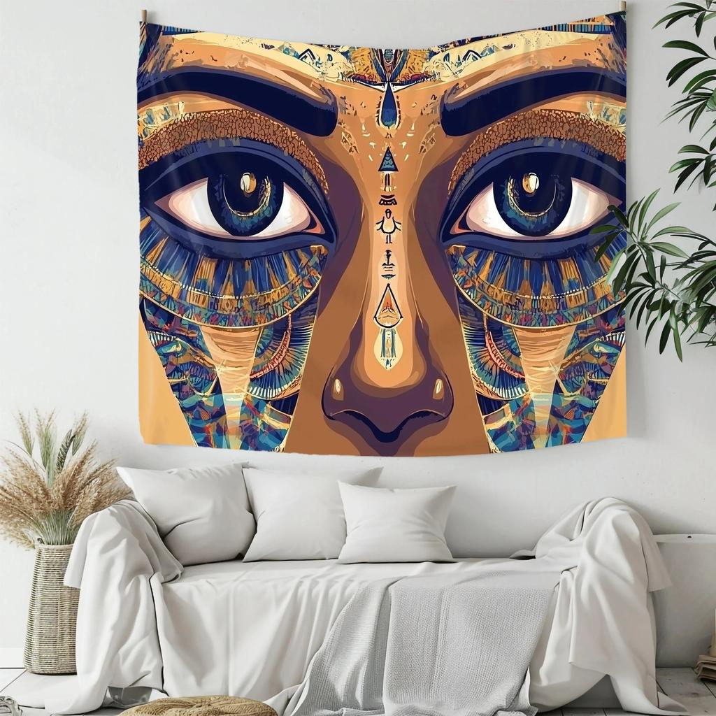 Ancient Egyptian Pharaoh Eyes Tapestry Tribal Face Wall Hanging Peach Skin Fabric Bohemian Art Decor for Bedroom Living Room