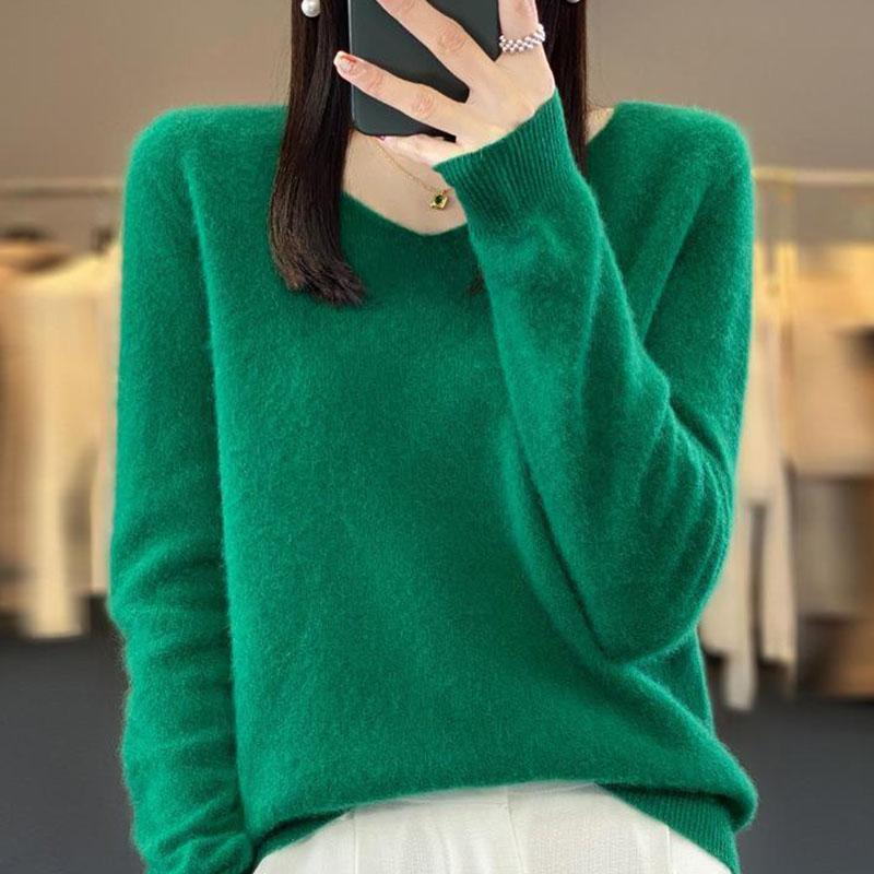 Höst och vinter Damtröja V-ringad Enfärgad Stickad tröja i ren ull inifrån och ut Botten topp Ulltröja