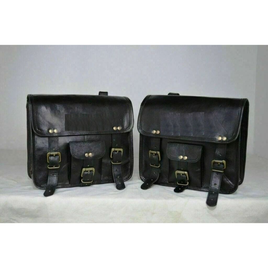 

Leather Side Pouch Panniers Real goat Leather Motorcycle Saddle 2 Bags Black 11 x 9 x 3 in