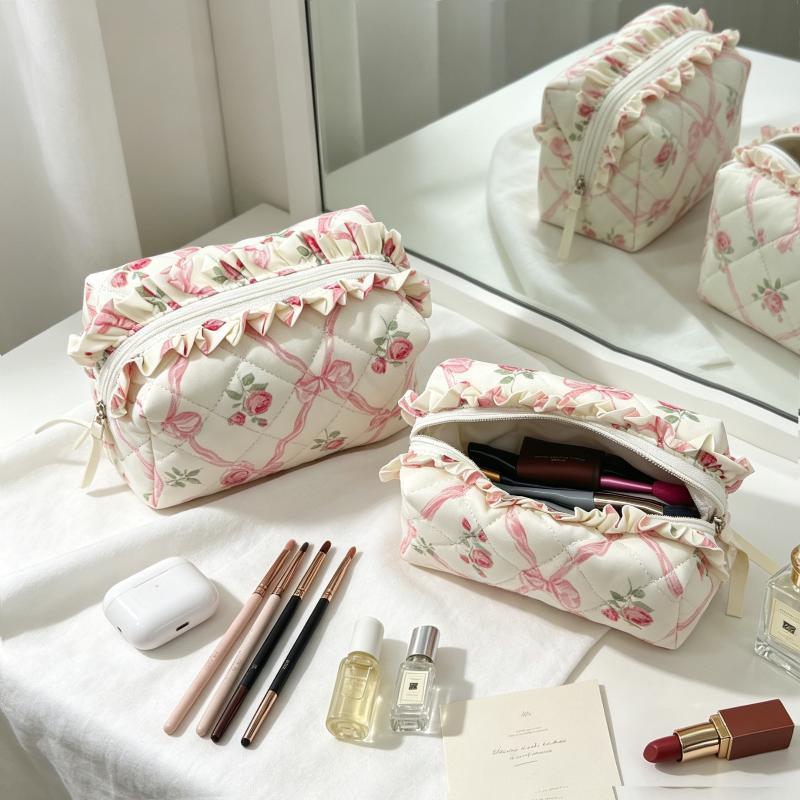 1Pcs Cute Quilted Makeup Bag Floral Bow Large Capacity Cosmetic Bag Makeup Pouch Women Girls