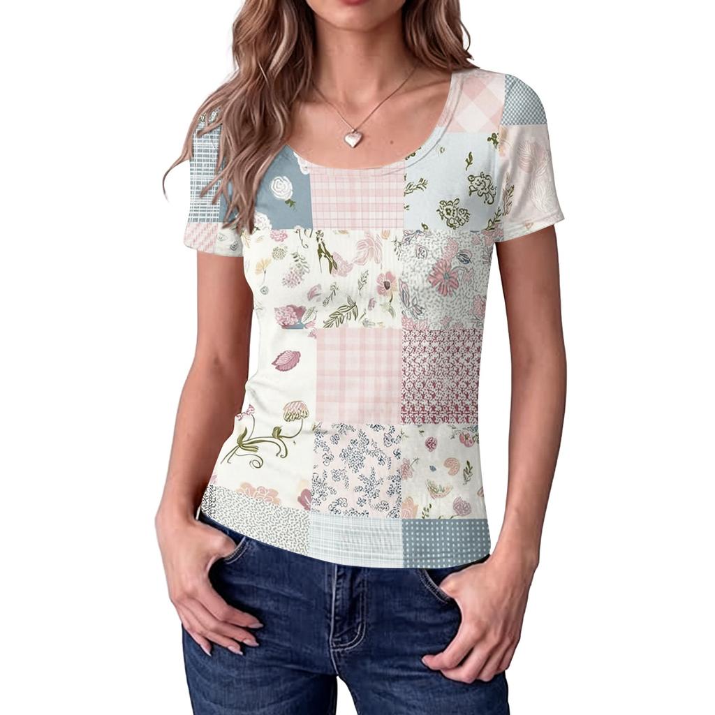 Women's Slim Fit Square Neck Short Sleeve Top Vintage Floral Print Patchwork Design Casual Blouse