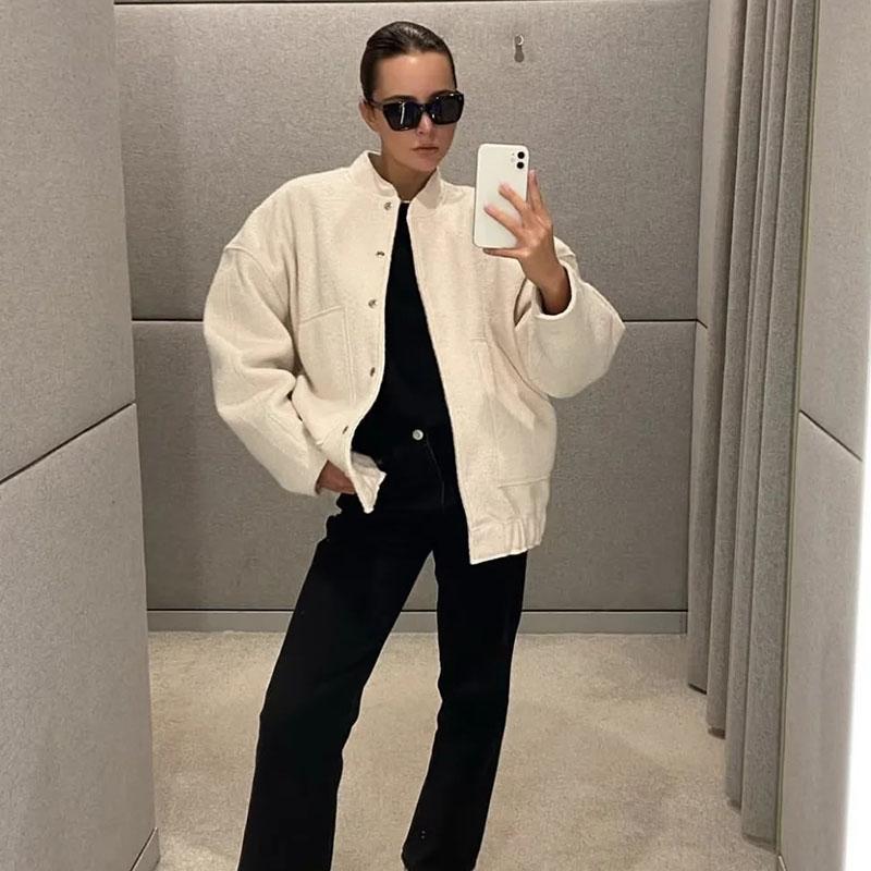 Women Fashion Vintage Pockets Woolen Jacket Autumn Casual Solid Long Sleeve Coat Snap Button Loose Outerwear