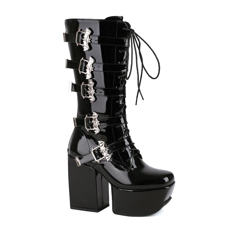 Nadměrná velikost Pět řad kovová přezka netopýr Punkový styl Dámské motorkářské boty Čtvercová špička Platforma Šněrovací Zadní zip Ke kolenům