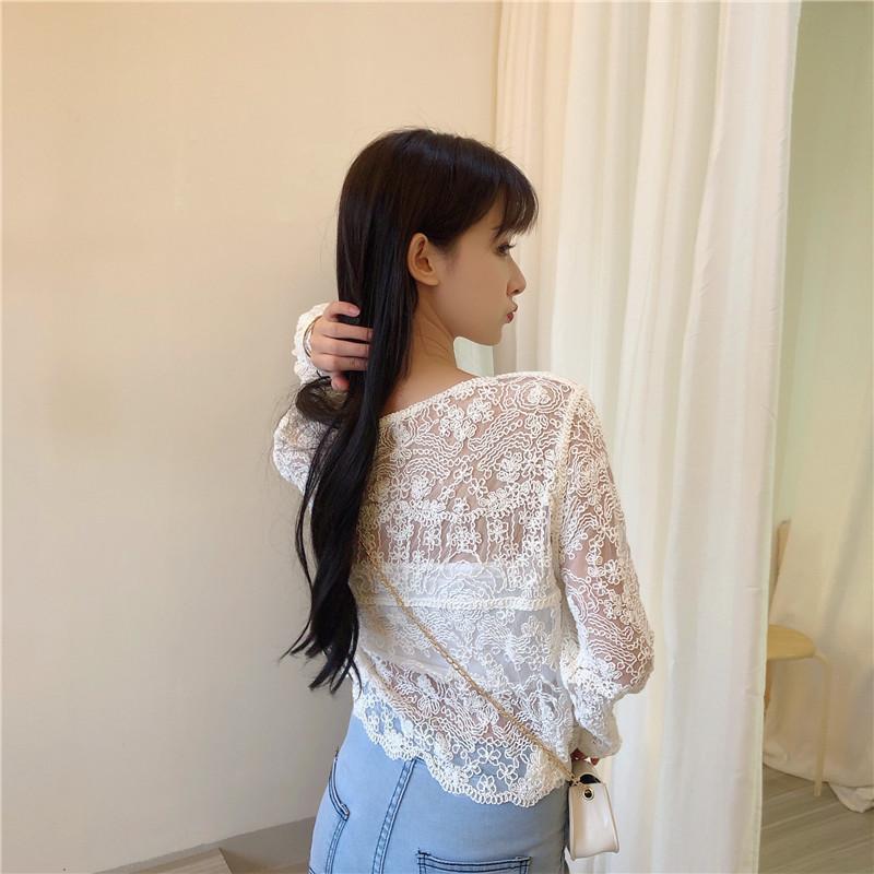 Women Summer Sheer Crochet Top Long Sleeve Button Front V-Neck Open-knit Embroidery Blouse