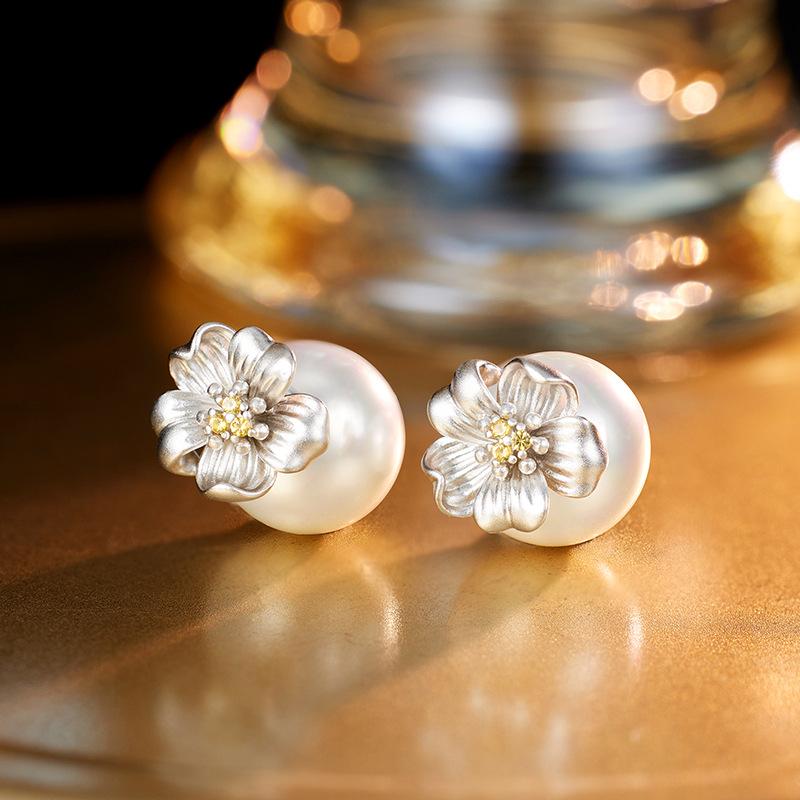 S925 sterling silver vacation style flower stud earrings girlhood 12MM bead stud earrings 925 silver