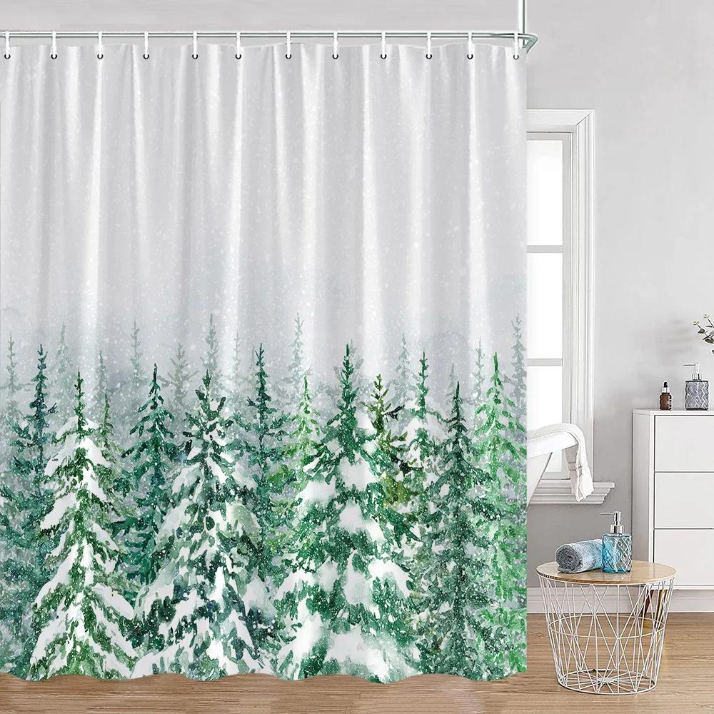 Duschvorhänge mit nebligen Wäldern, verschneite Kiefern, grüne Wälder, Naturlandschaft, minimalistisches Badezimmerdekor, moderner Badevorhang aus Polyester