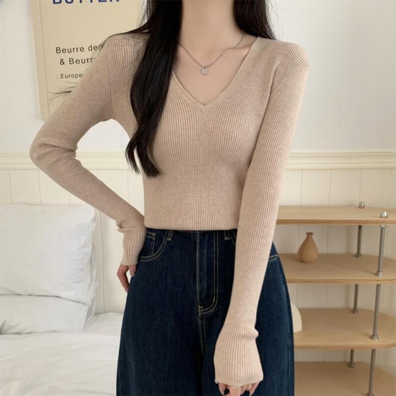 Autumn Winter V-neck Solid Color Knitting Pullover Top Women Casual Fashion Elastic All-match Slim Sweater