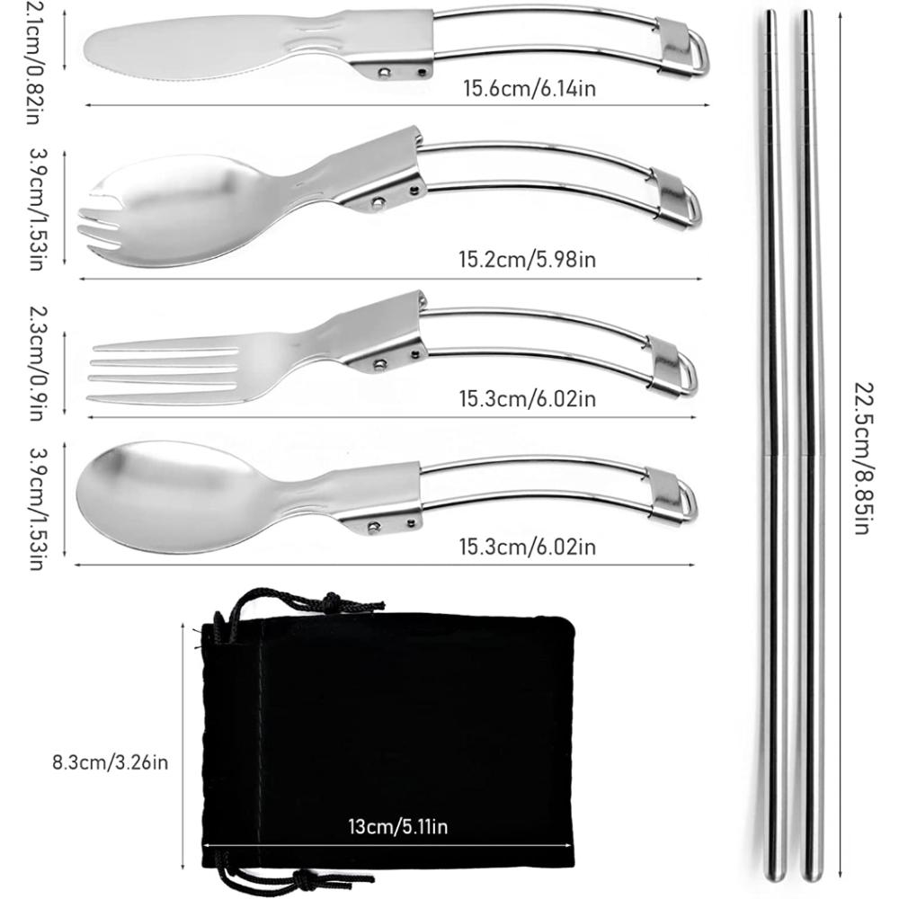 5 bucăți ustensile de călătorie din oțel inoxidabil, set de tacâmuri portabile pliabile de camping, inclusiv cuțit furculiță lingură betisoare pentru picnic, drumeții, școală