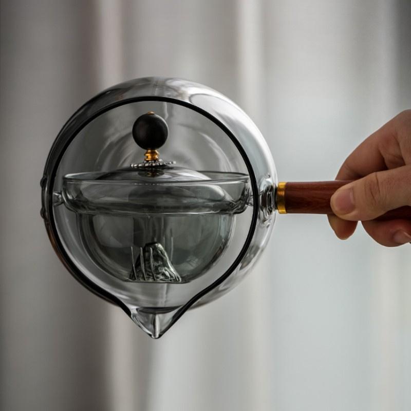 Removable 360° Rotary Glass Teapot Heat Resistant Side Wooden Handle Glass Pot Tea Maker Kungfu Tea Set