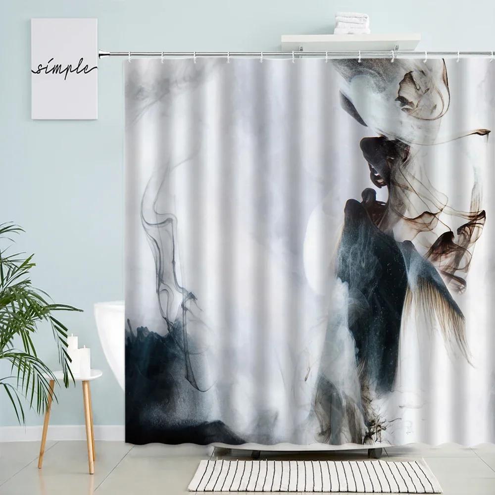 Chinese Ink Landscape Shower Curtain Japanese Cherry Blossom Watercolor Mountain Natural Scenery Waterproof Cloth Bathroom Decor